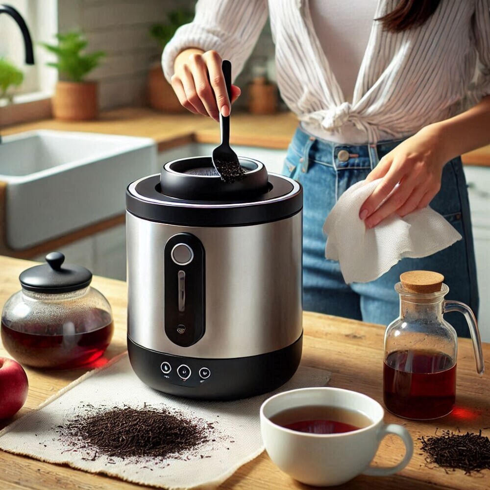a woman cleaning smart tea brewer with a brush