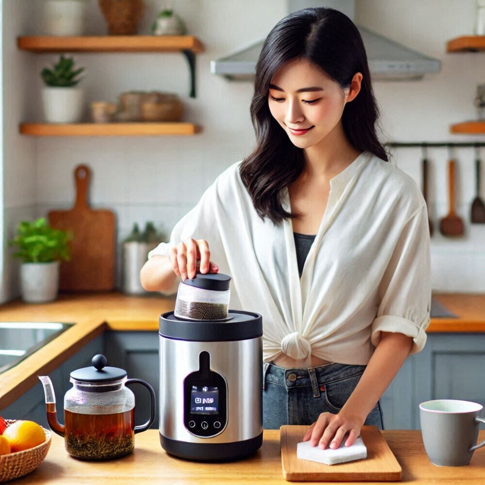a woman cleaning smart tea brewer's filter