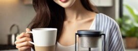 a woman holding a smart tea brewer and a cup of tea