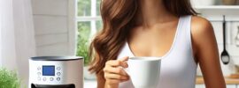 a woman with a cup of tea standing next to a smart tea brewer