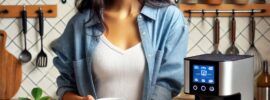 a happy woman in a kitchen making a cup of tea from a smart tea brewer
