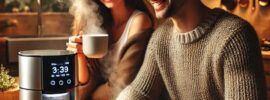 a cozy couple sitting near a smart tea brewer, enjoying black tea