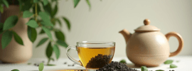 a cup of tea and tea leaves on the table