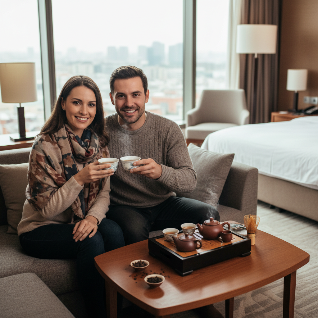 a couple enjoying tea their made in their hotel room