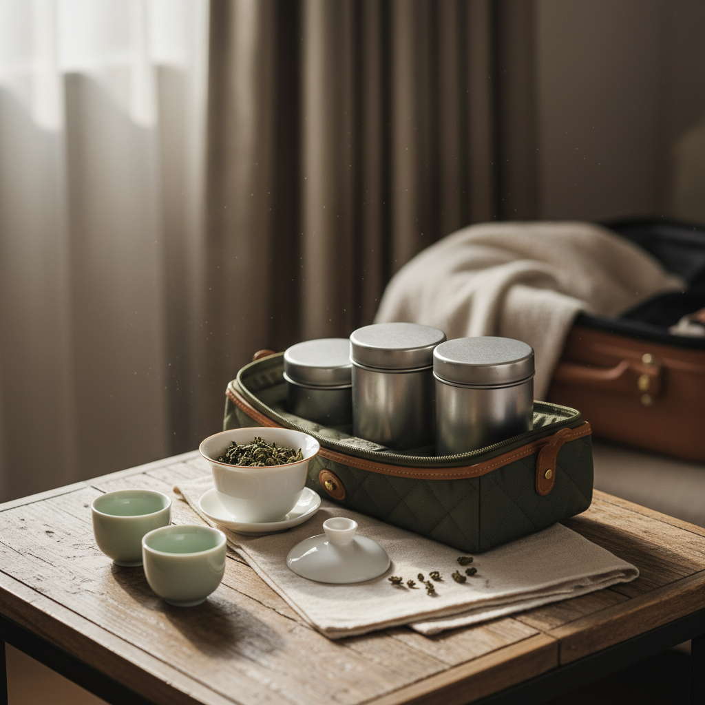 tea travel set in a hotel room