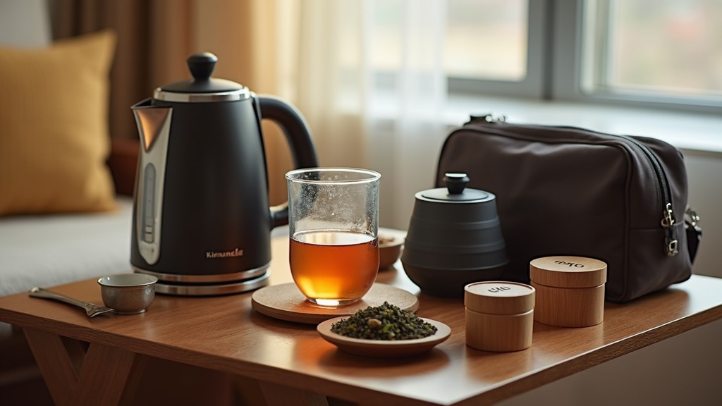 Travel tea setup with a smart kettle, compact gaiwan, collapsible kettle, and storage tins on a hotel table.