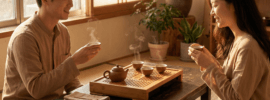 two people enjoying a gongfu cha session with Wuyi rock oolong tea