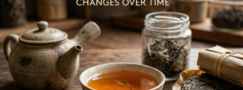 aged white tea in ceramic teapot and glass jar with loose dried white tea leaves on wooden tray