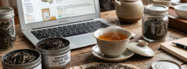 White tea collection on rustic wooden table featuring aged loose leaf white tea, vintage white tea cake, gaiwan, and laptop showing Amazon white tea products